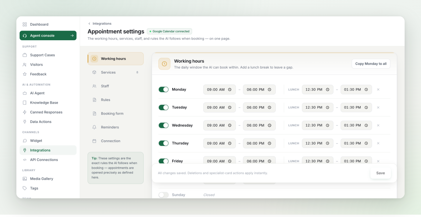 The appointment settings page with its tabs: Working hours, Services, Staff, Rules, Booking form, Reminders, Connection