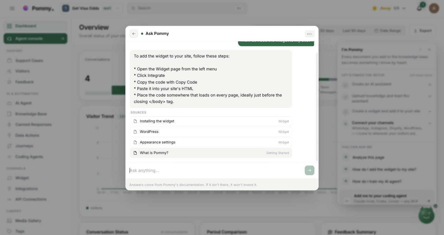 The same box in chat mode: the question at the top, a short answer below it, and a Sources list linking to two documentation pages