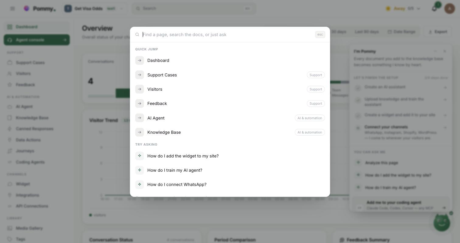 The search box open over the dashboard, showing matching pages, matching documentation pages, and an Ask Pommy row at the bottom