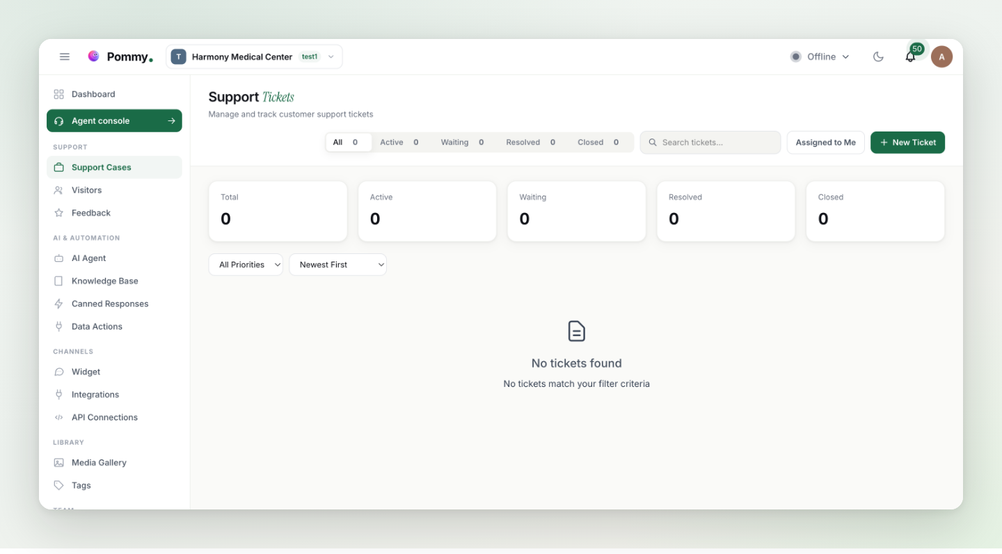 The Support Cases page with the case list, status filters and detail panel
