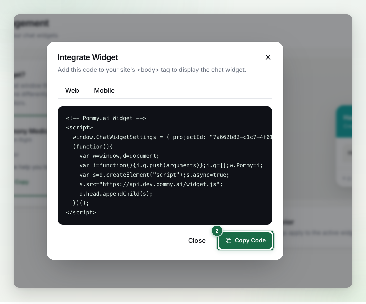 The Integrate Widget dialog with the install code (1) and the Copy Code button (2) marked