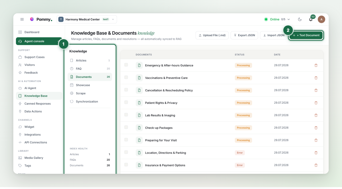 The Knowledge Base page; content types on the left (1) and the new-document button top right (2) marked