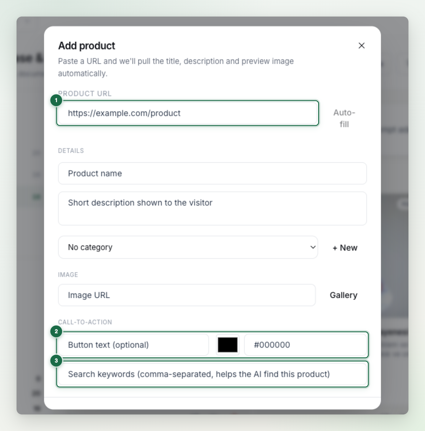The Add product dialog; Product URL (1), button text and color (2) and search keywords (3) marked