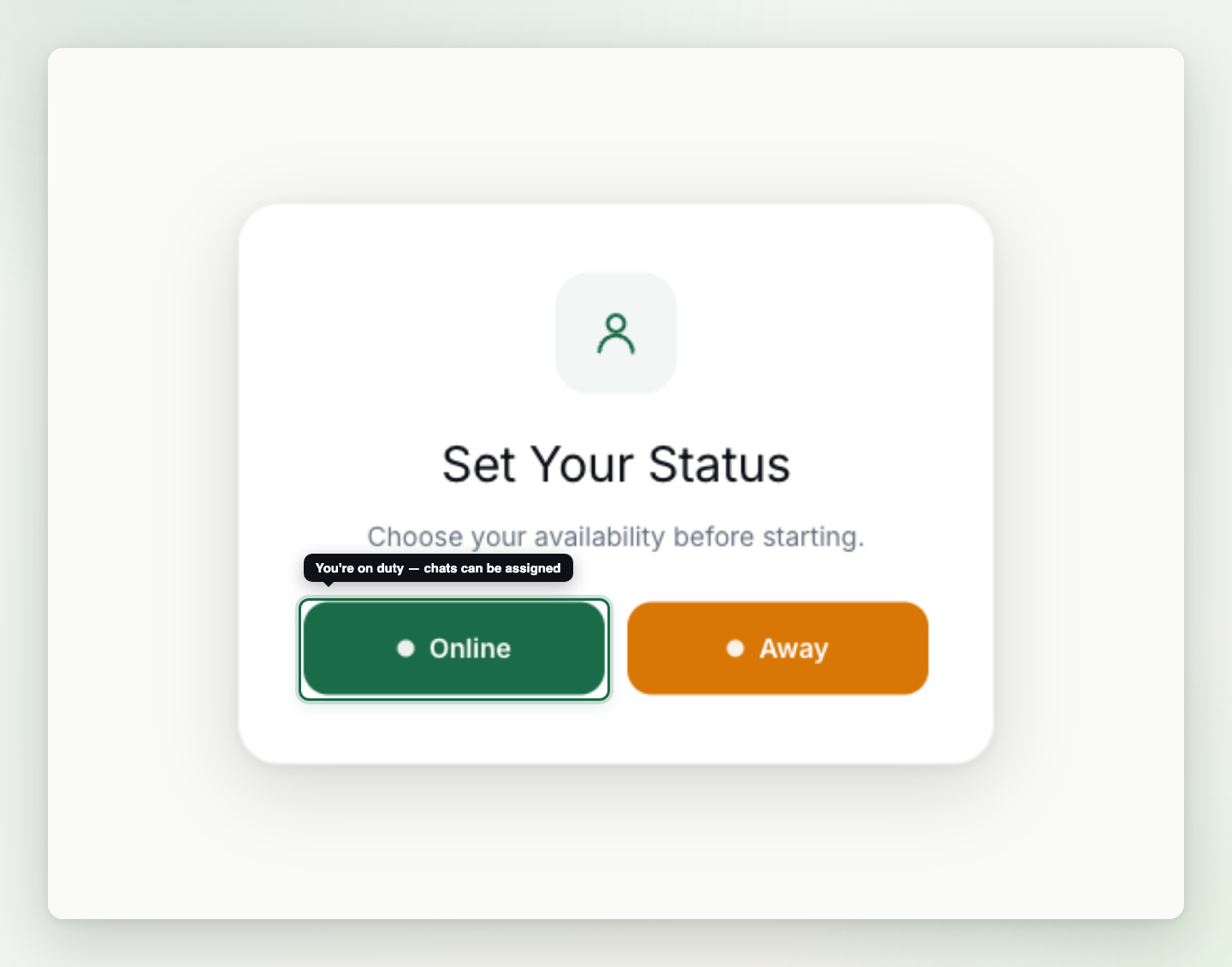 The status prompt shown on entering the console: Online or Away, with Online highlighted