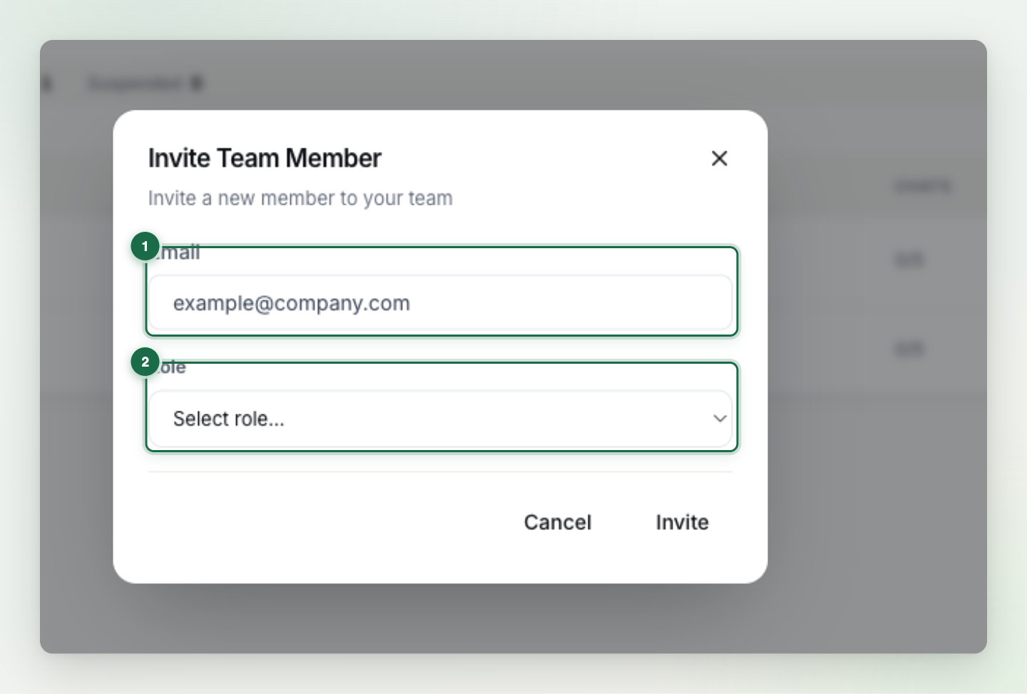 The Invite Team Member dialog; the email field (1) and role selection (2) marked
