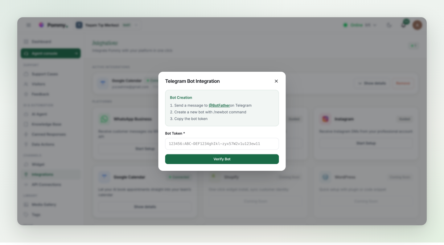 The Telegram Bot Integration dialog in Pommy with the bot-creation steps and token field