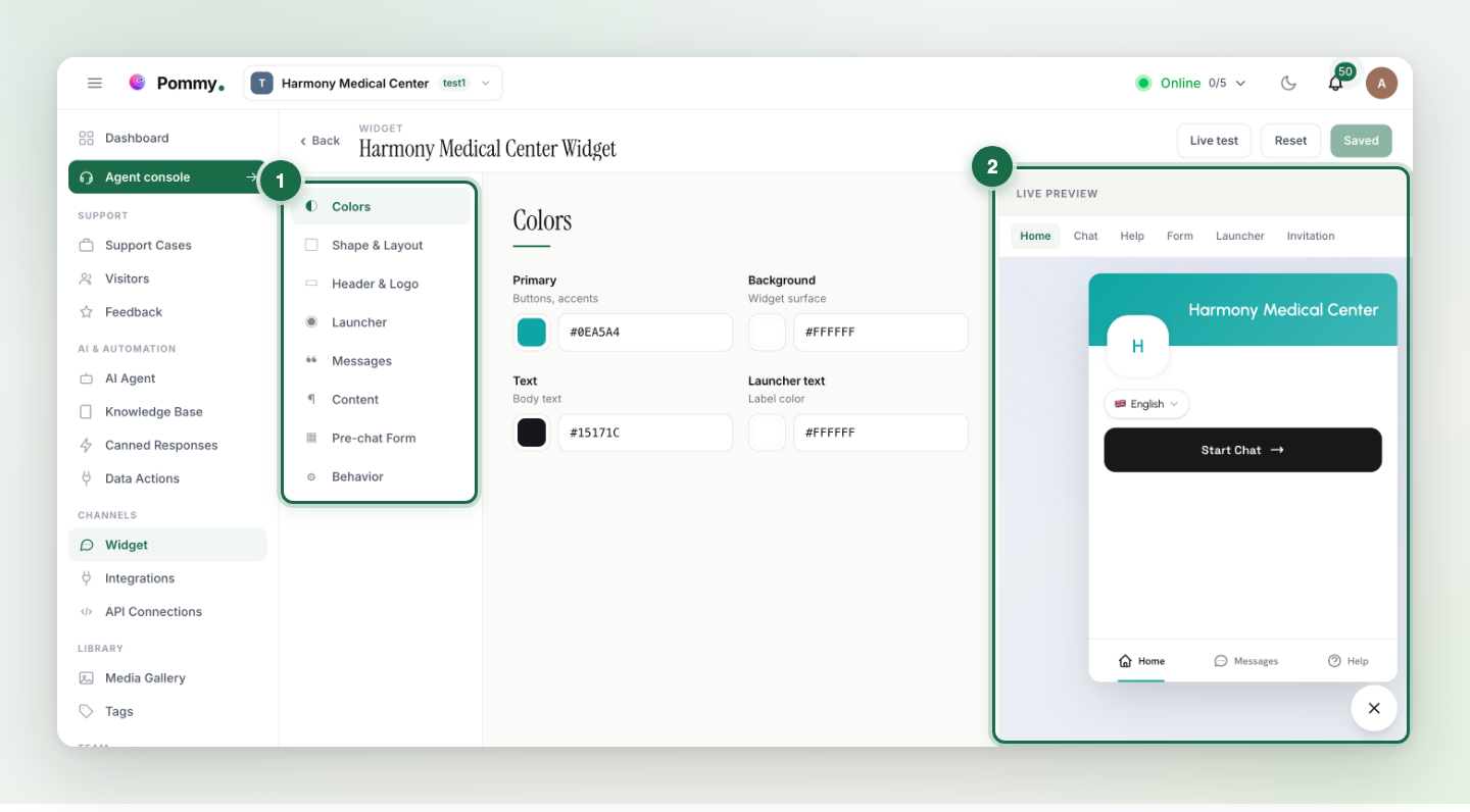 The widget editor; settings sections on the left (1) and the live preview on the right (2) marked